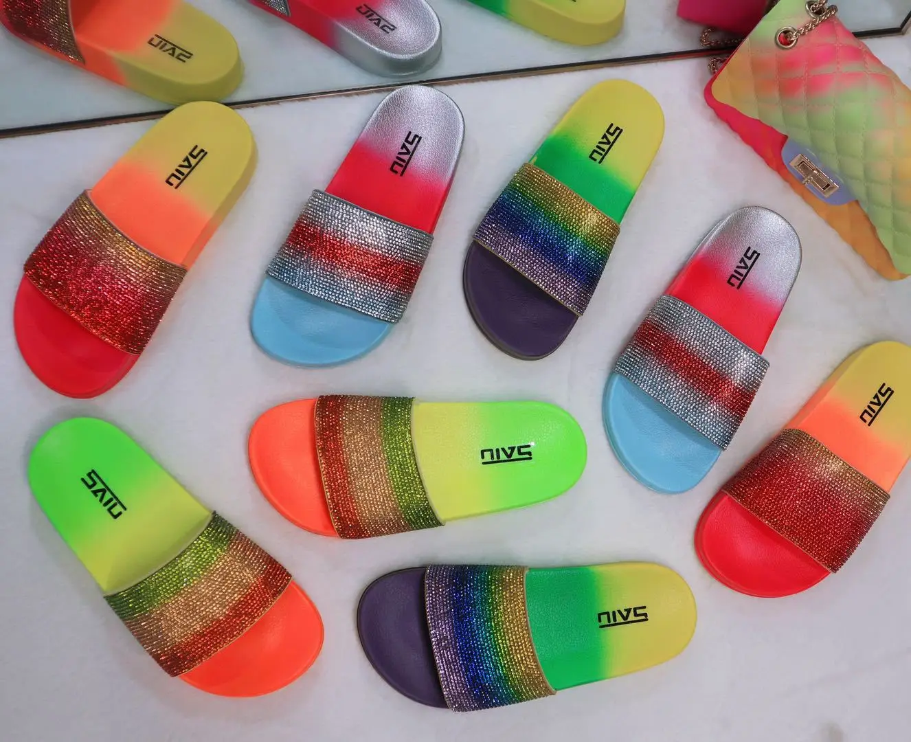 

Hot sale women's flat summer women rainbow colorful rhinestone sandals for women and ladies, 4 colors