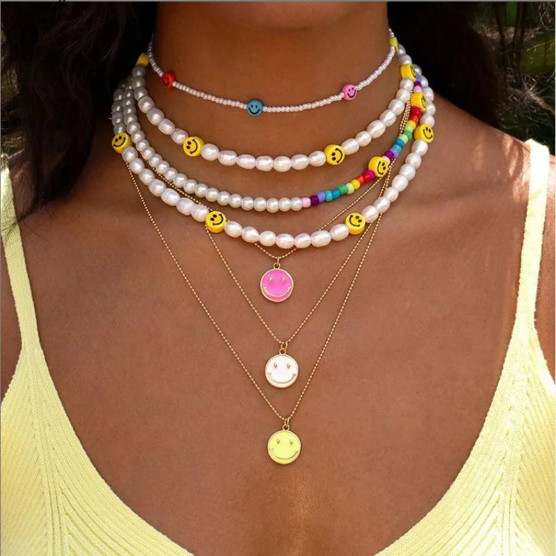 

2021 Summer New 18K Gold Plated Enamel Happy Face Smile Pendant Necklaces Gold Plated Jewelry Gifts, Red/black/white/pink/light blue/blue
