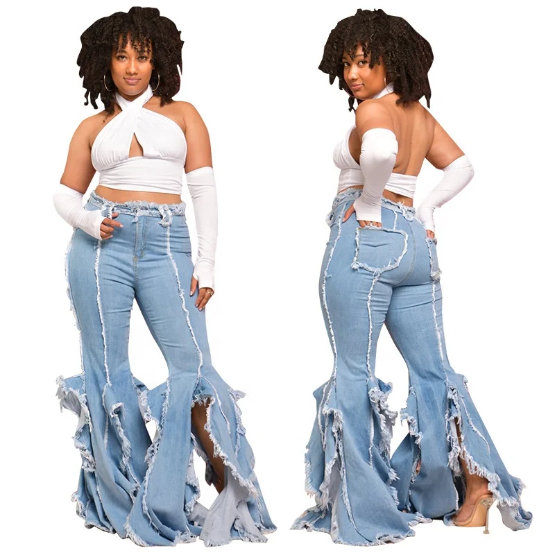 

Wholesale New Arrivals 2022 Stretch Jeans Pant High Waist Irregular Ripped Split Jeans Women