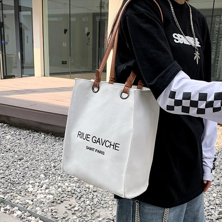 

custom school students long shoulder bag fashion printed letter cotton canvas shopping tote handbag