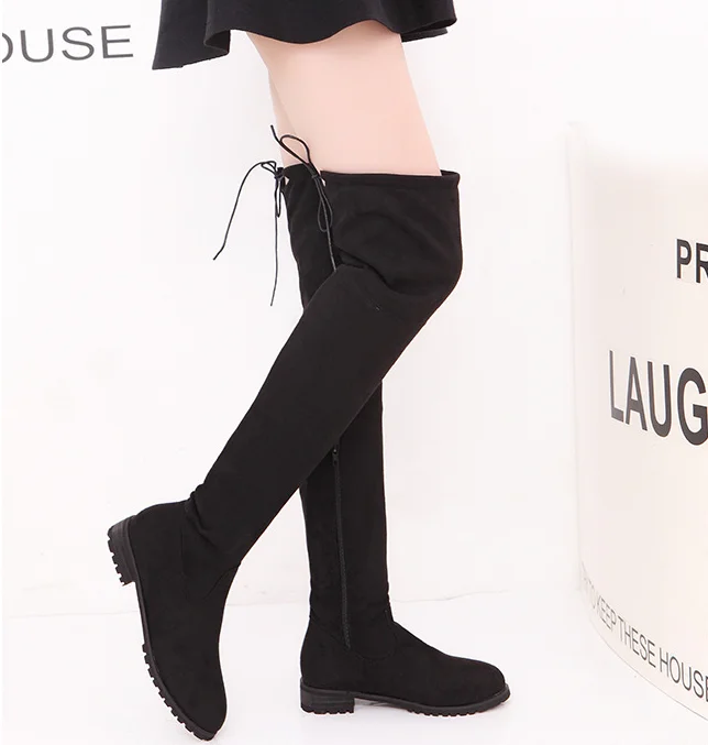 

Fashion Black Round Toe Flat Over The Knee Thigh High Boots Women Shoes