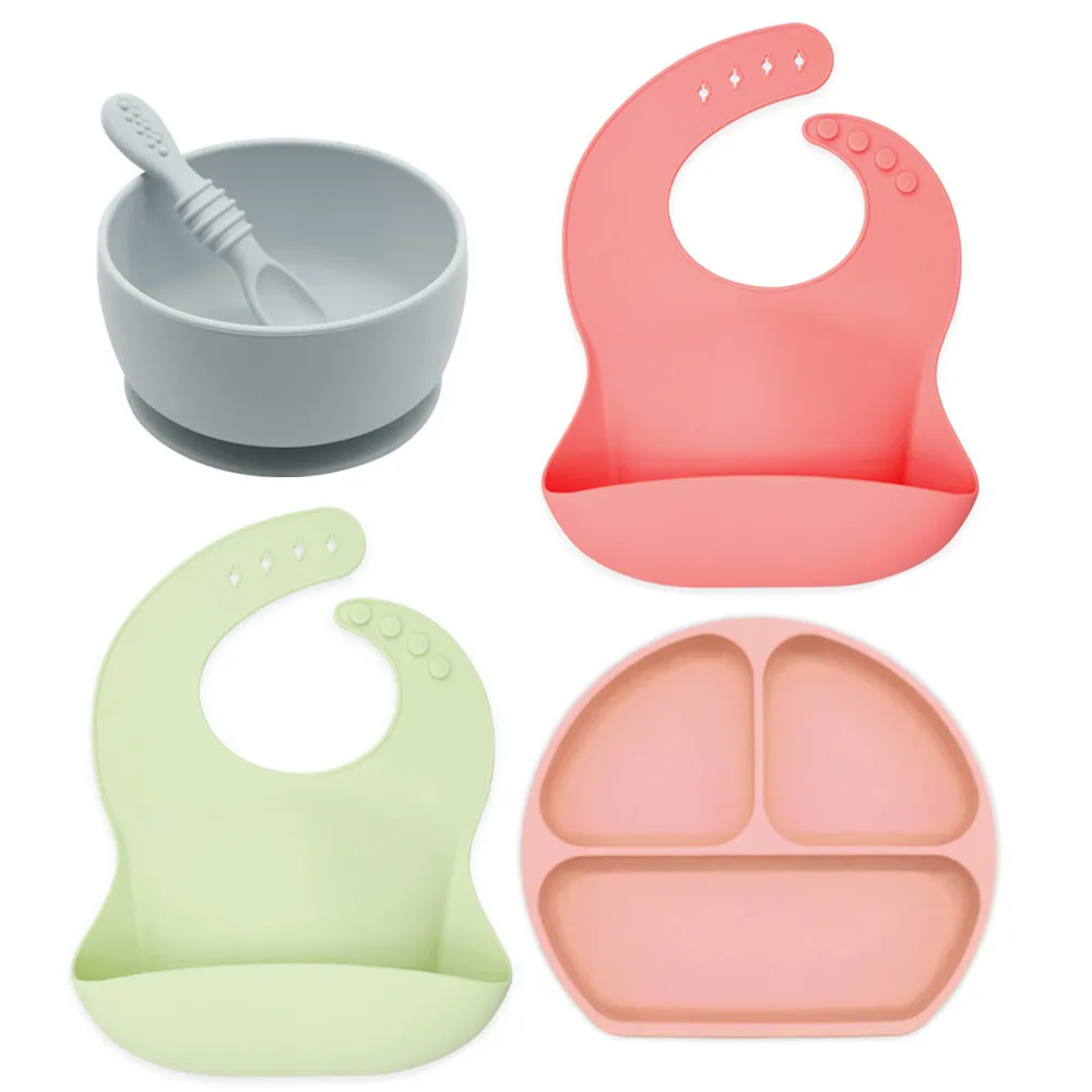 

Unbreakable Toddler Eating Utensil 5 PCS Set Silicone Bibs and Plate Bowl with Spoon BPA Free Silicone Baby Feeding Set, As shown