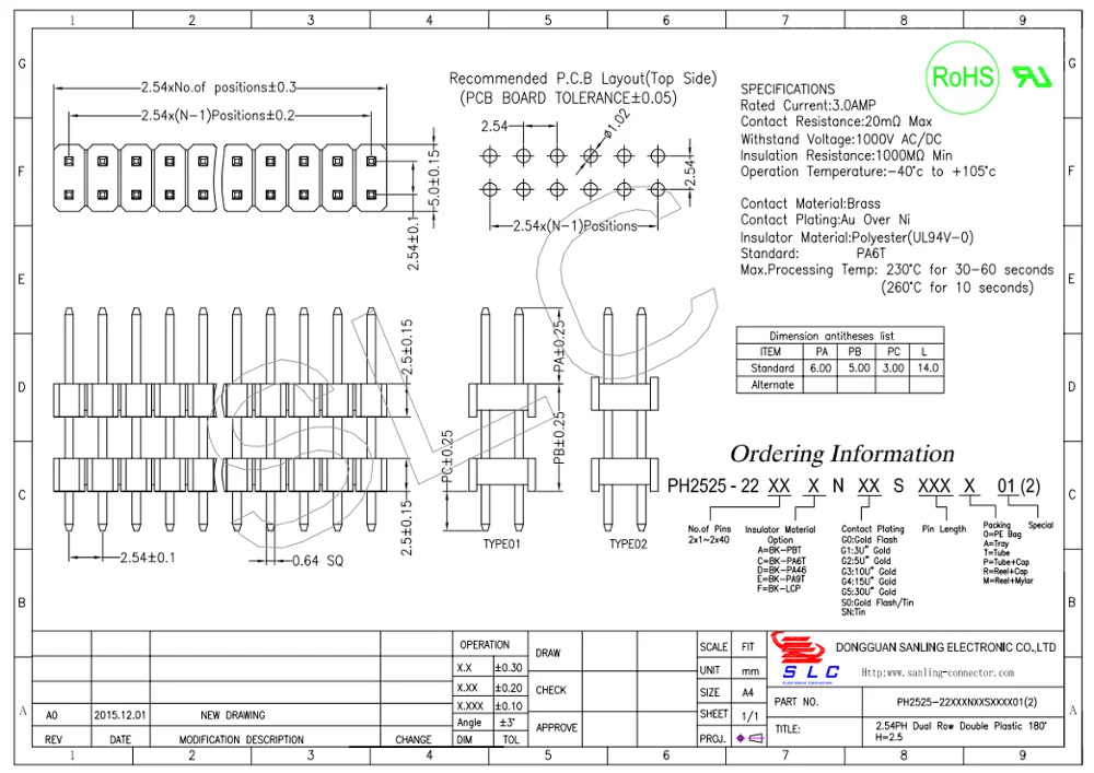 2.54mm Pitch H2.5 2pin 18 Pin 100 Pin Socket Pcb Dual Row Straight Male ...