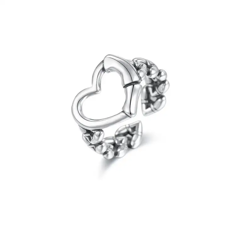 

Retro 925 Sterling Silver Hollow Heart Open Ring, White gold