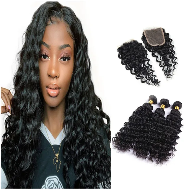 

10A Deep Wave Curly Brazilian Human Hair 3 Bundles with 4x4 Lace Closure, Virgin Mink Cuticle Aligned Human Hair Vendors