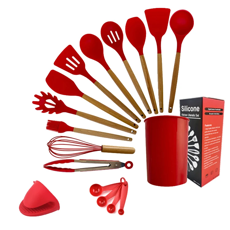 

New Amazon 13 PCS Kitchen Utensils Wooden Handles Non Toxic Silicone Cooking Spatula Set