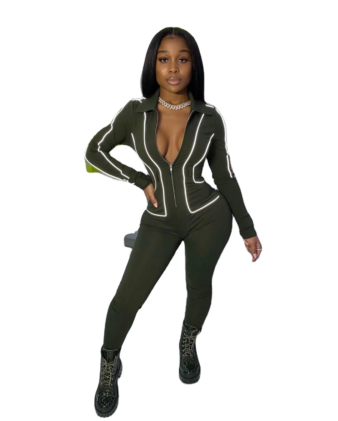 

Women's stitching solid color sexy long sleeve Jumpsuit full sleeve zipper stripe Slim Fit Sexy Jumpsuit, Army green