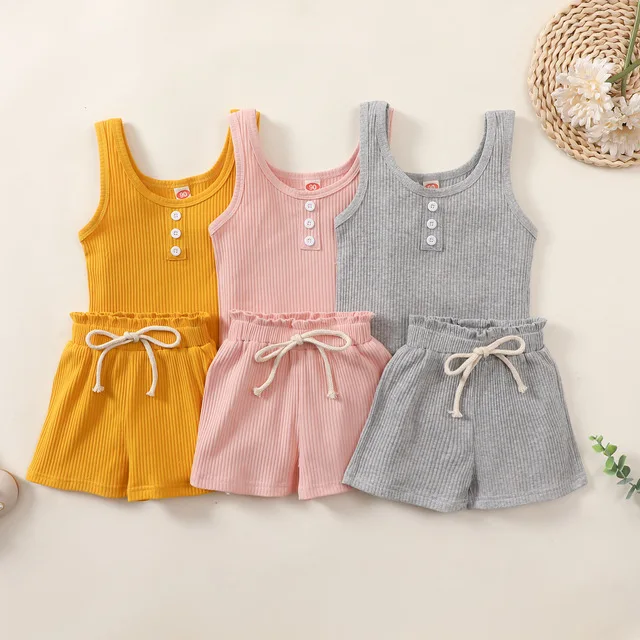 

CFL1015 summer casual 2pcs clothing sets sleeveless vest with shorts infant baby girls clothes sets