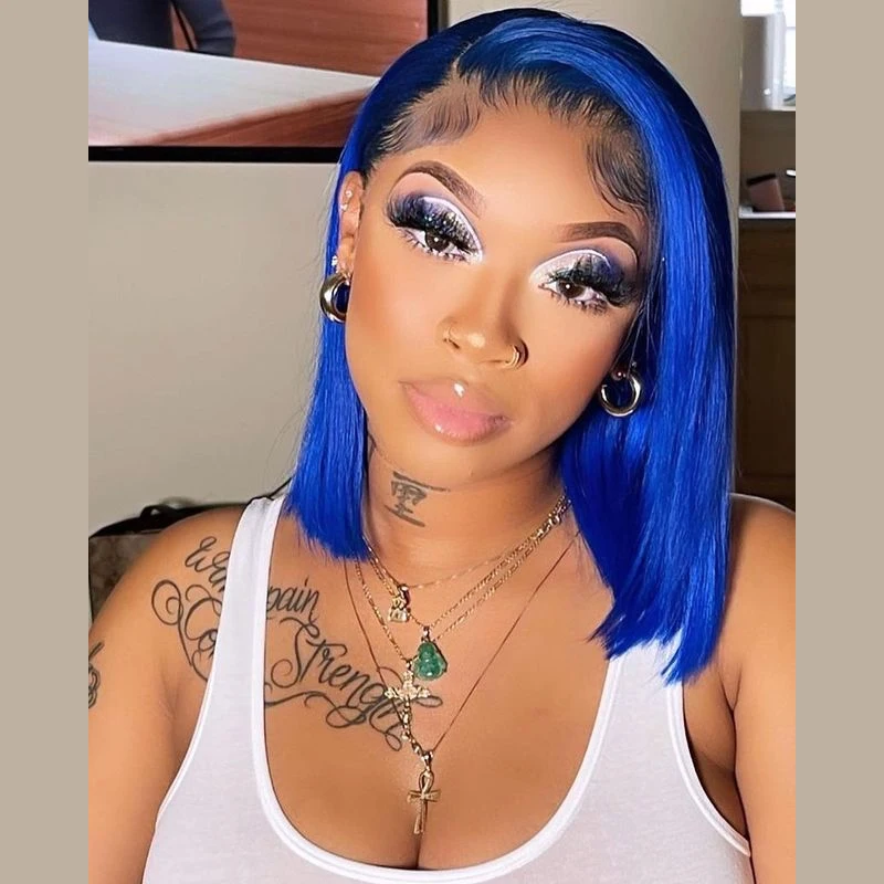 

blue wig human hair colored bob wig Peruvian short human hair bob wig for black women natural hairline