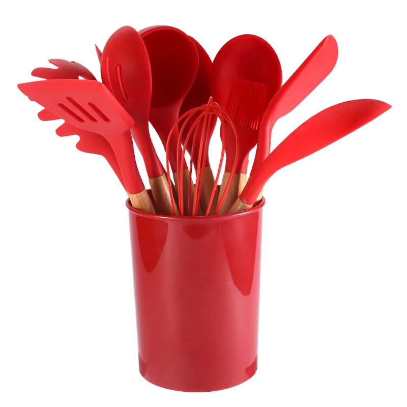 

silicone kitchen cooking utensil set for kitchen 12pcs wood kitchen ware utensils set, Customized