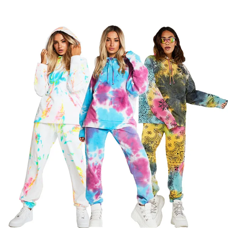 

Winter 2021 European and American women's hooded sweater suit tie dye sportswear two piece winter, As pic