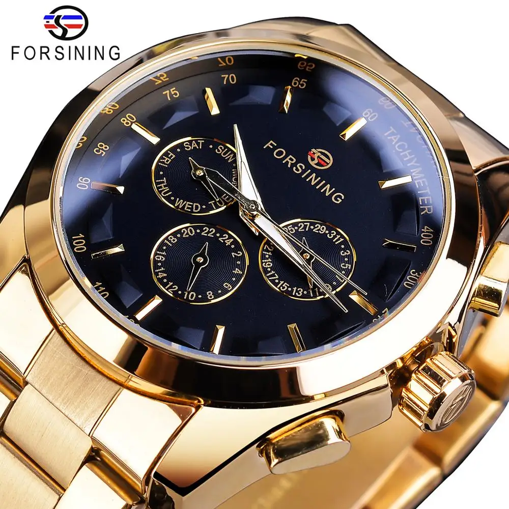 

Forsining Men Business Mechanical Men Watch Automatic Sub Dial Date Golden Steel Band Dress Wristwatch Clock Hour Time Reloj, 4-colors