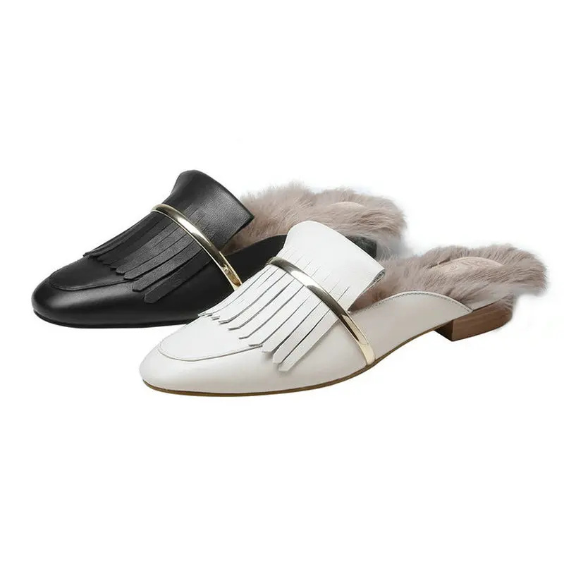 

2021 Cow Leather Fur Lady Shoe Fashion Simple Closed Slippers Casual Flat Winter Mules Shoes Women's Furry Shoes for Ladies