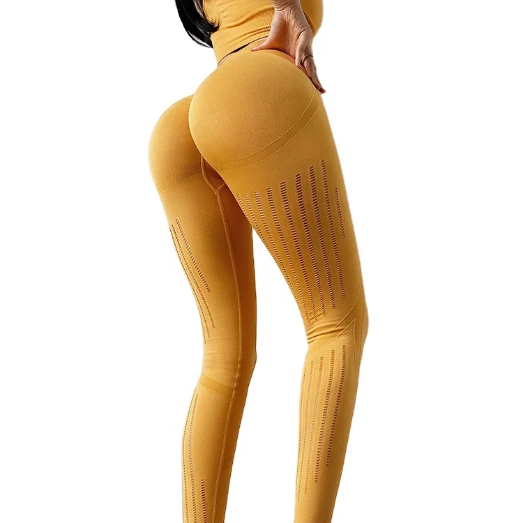 

Mitaogirl Yoga pants High waist stretch tight fitness pants summer quick dry breathable sports pants, Yellow, dark gray