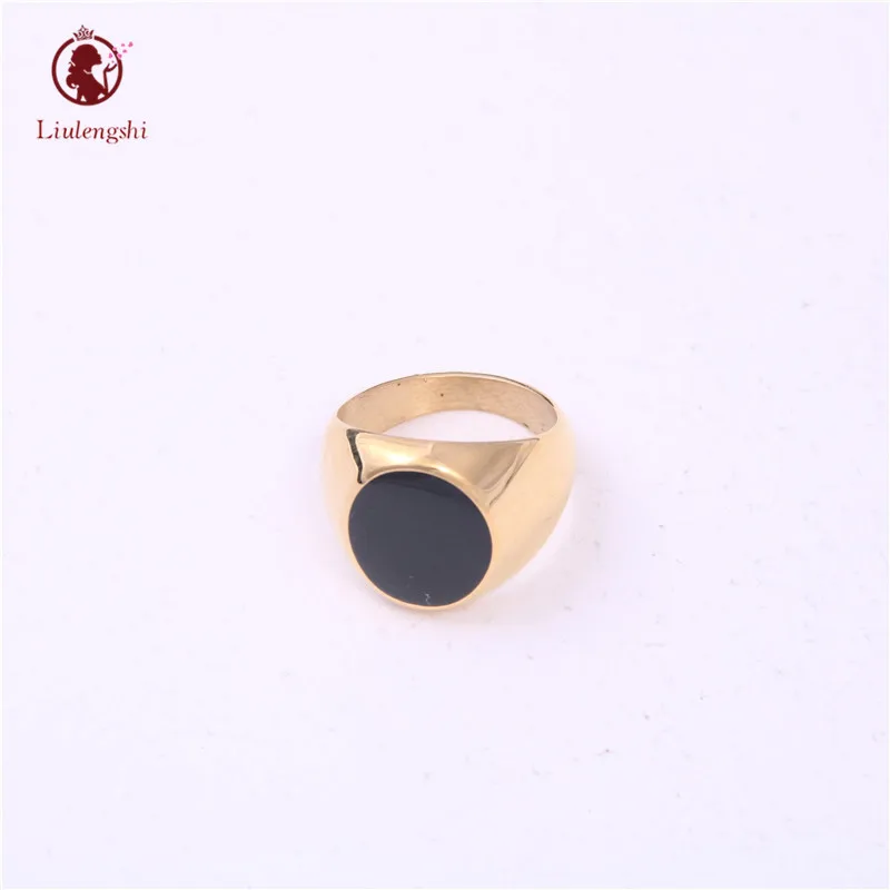 

Wholesale Custom Real Gold Plated Black Onyx Signet Ring Stainless Steel High Polished Biker Black Oil Drip Signet Ring