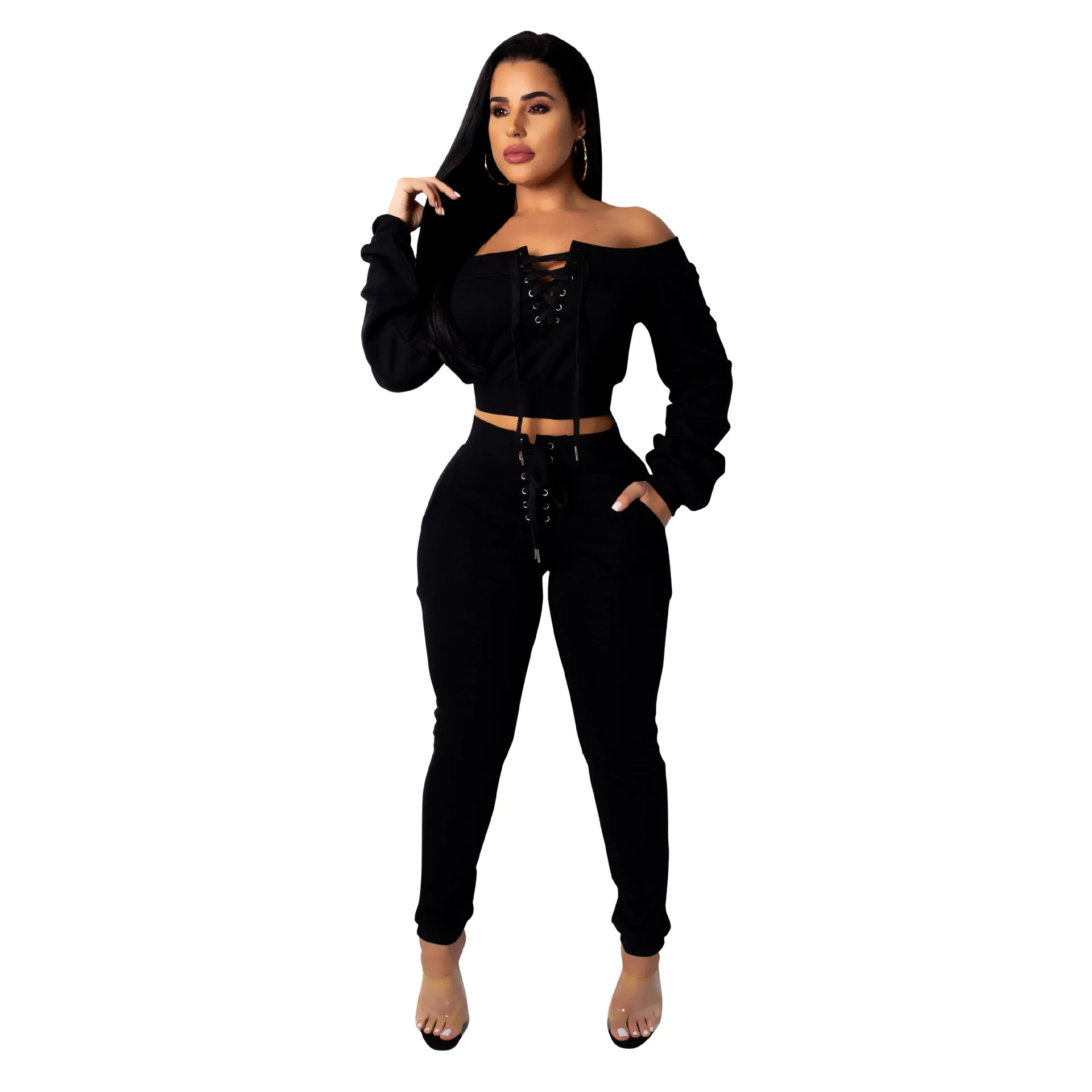 

Women Suit Outfit 2 Two Piece Set Crop Top Legging Sweatpants Set Casual Crop Hoodie Set Female Sweatshirt Pants Tracksuit, Picture