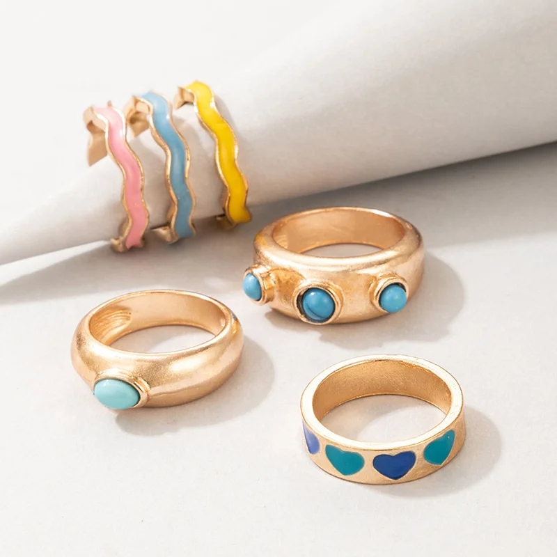 

INS Fashion Geometry Wave Simple Enamel Ring Set Popular Colorful Macarons Candy Love Heart Y2K Rings Sets Jewelry