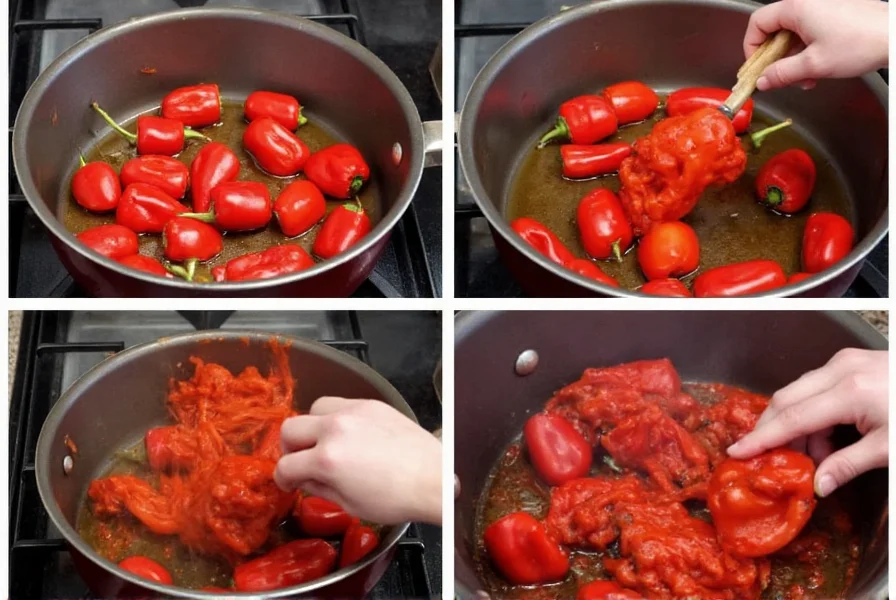 Step-by-step process of charring red bell peppers over gas flame for homemade roasted pepper sauce
