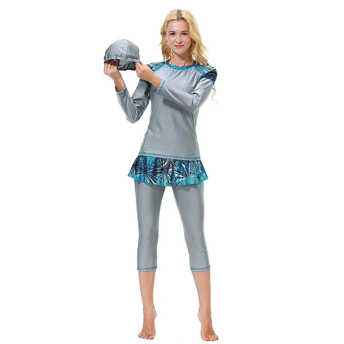 

Muslim Women Girls' Highly Elastic Ladies conservative swimsuit Long Sleeve Flora Capris Split Swimwear For Female
