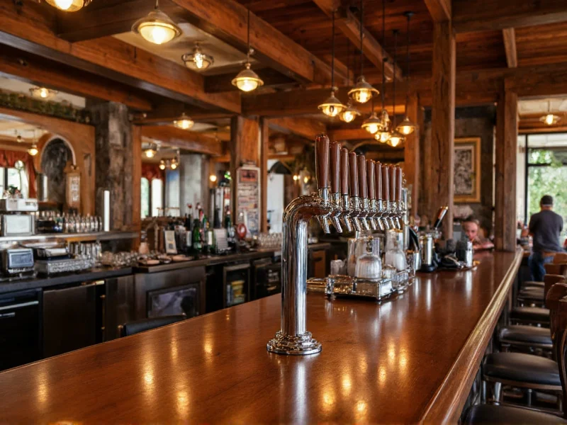 Craft ale house interior with wooden bar and tap handles