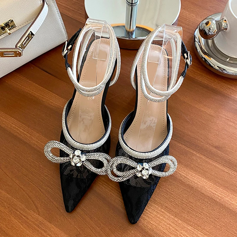 

Wedding Party Summer Lace Breathable Crystal Butterfly-knot Women Sandals Sexy Buckles Strap Thin Low Heels lady Shoe