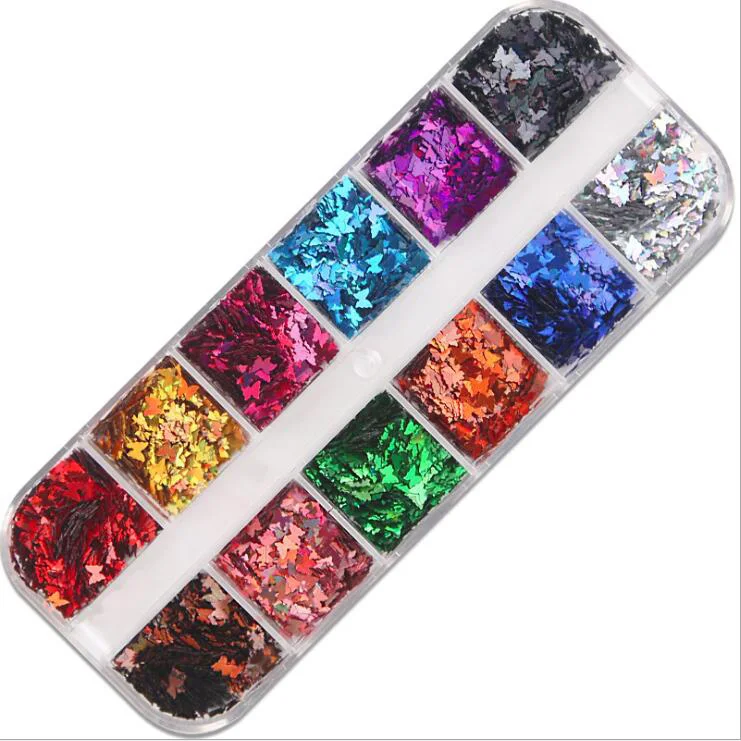 

Hot Sale 12 Grids Colorful Holographic Iridescent Glitter 3D Butterfly Slice Shapes Sequin Nail Art Decoration Wholesale Supplie