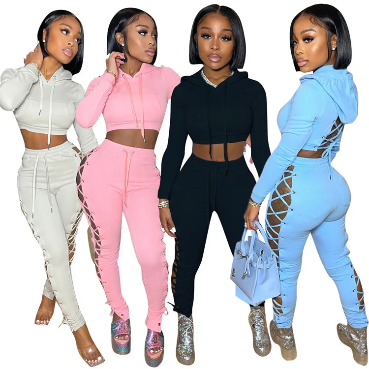 

2021 Sexy Ladies Long Sleeve Outfits Hoodies Bandage Fall Women Two Piece Pants Set, Picture shown