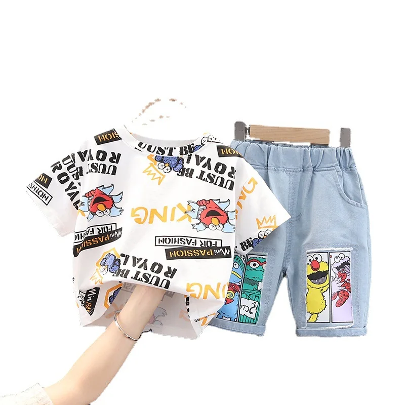 

Boy's short-sleeved suit summer new cartoon printing Clothes 2 Pieces Sets Bulk Wholesale Kids handsome Clothing, White,orange