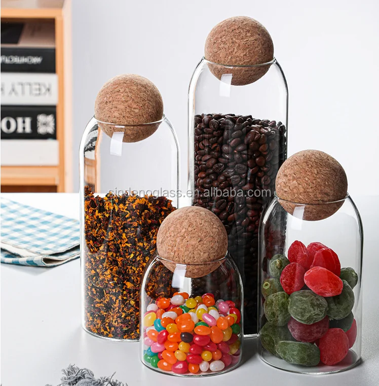 

Borosilicate Glass Air tight Glass Jar Storage Food Container Jar Glass Bottle With Cork Ball Lid Stopper, Transparent