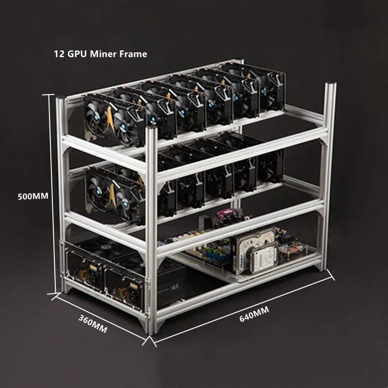 

12 GPU Open Air Graphics Card Miner Frame Rig Case Rack Mining Aluminum Stackable in stock, Silver