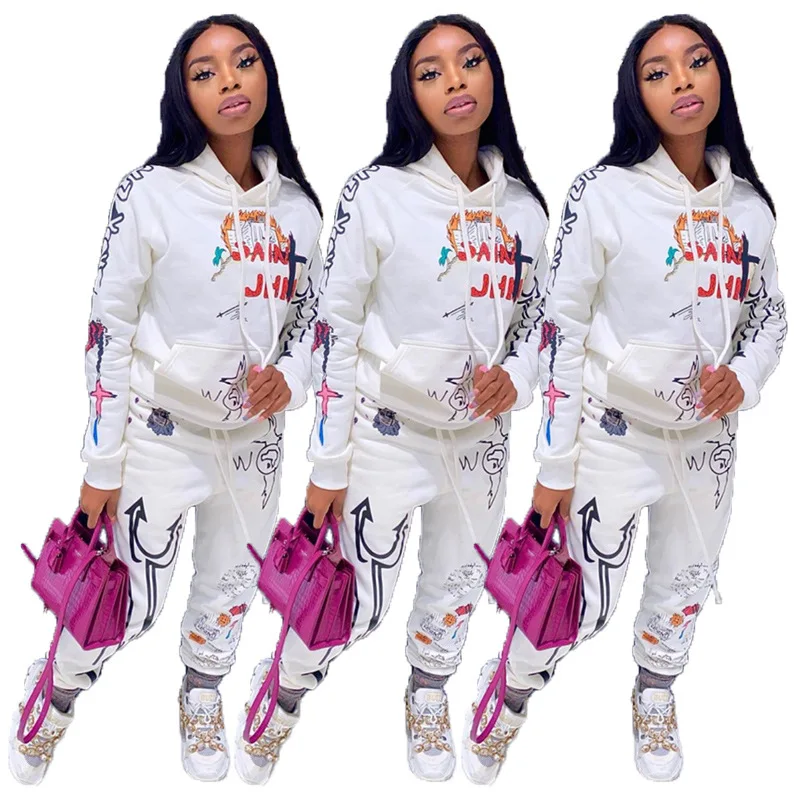 

2020 fall fashion graffiti two piece set women clothing high street hoodies with joggers outfit casual sports wear