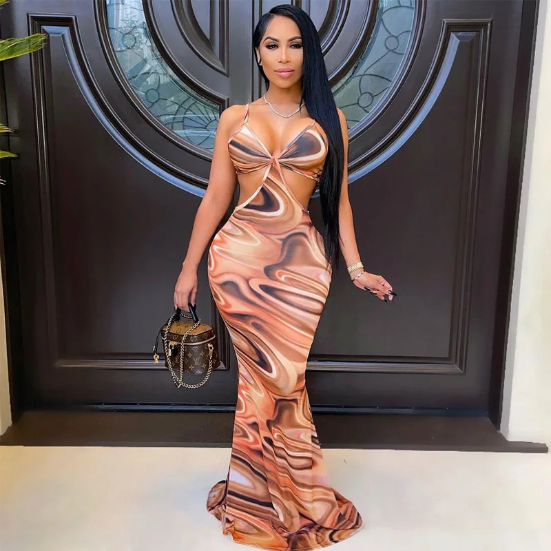 

YIWU QIUDUN New Elegant Women's Suspenders Tube Top Floor Dresses Print Side Cut-out Dress