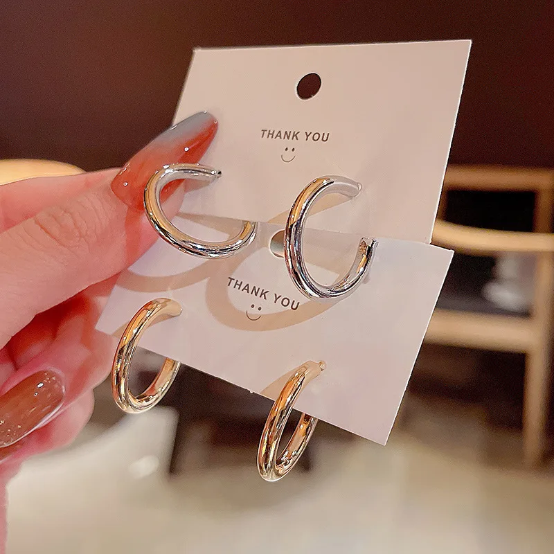 

Minimalist Design Real Gold Plated High Polished C Shape Earrings Simplest Style Silver Plated Geometric Hoop Earrings