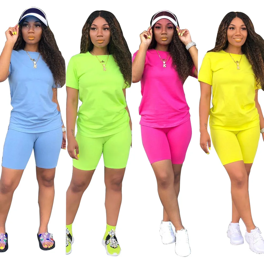 

2020 new short tracksuits women solid sporting casual two piece set short sleeve tee top above knee pants tracksuit, Black pink red yellow blue green white