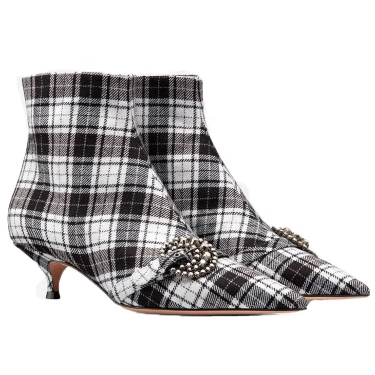 

Small Heel Ankle boots Fetish Cotton plaid fabric Ankle Booties Casual women shoes short Boots Paris Styles