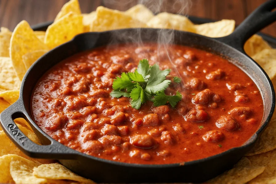 Close-up of homemade chili dip in cast iron skillet with tortilla chips arranged around it, vibrant red color, steam rising, fresh cilantro garnish