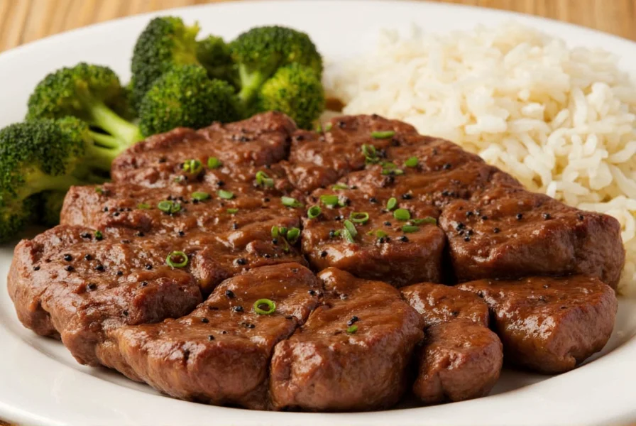 Close-up photo of Panda Express Black Pepper Angus Steak showing tender beef strips with black pepper in savory sauce served over white rice