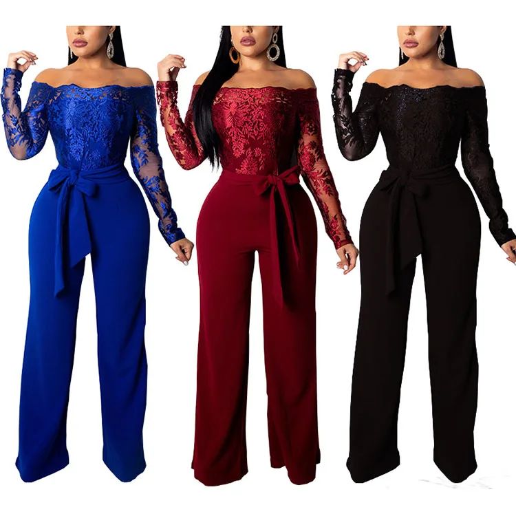 

2020 one shoulder lace mesh summer jumpsuits for women, Wine red, blue, black