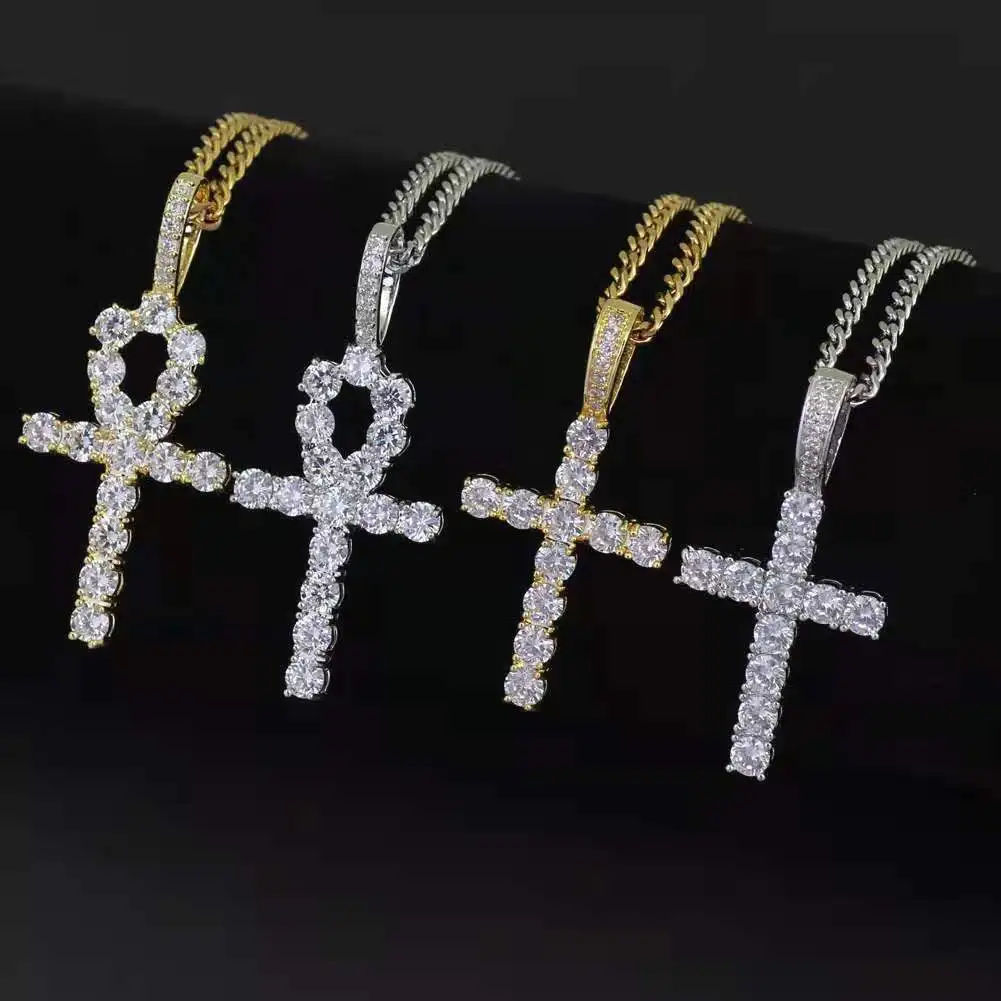 

Fashion Hip Hop 18K Gold Silver Chain Jewelry Men Women Real Diamond Cross Necklace