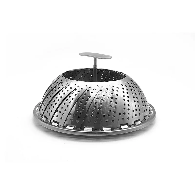 

Multi purpose foldable stainless steel food steamer with plastic handle