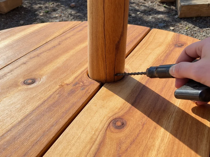 Drilling drainage holes in reclaimed wood umbrella stand base