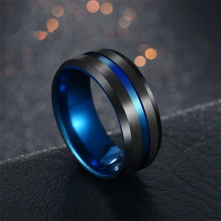 

Hot Sale Groove Black Blue Stainless Steel Rings For Men Charm Male Jewelry Dropshipping, Picture