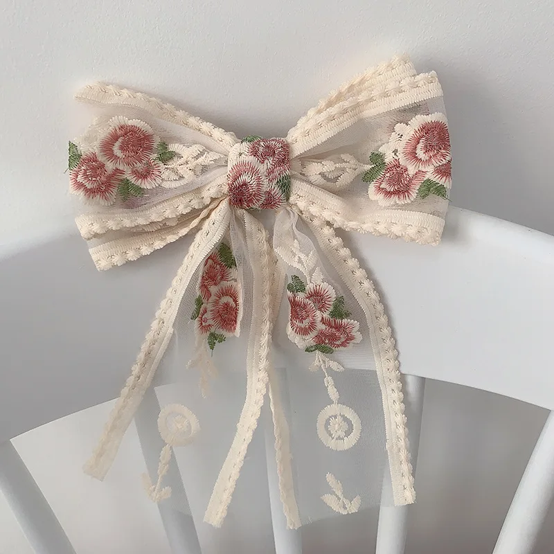

JUHU 2021 New Embroidered Flower Ribbon Spring Clip Hairpin Japanese Cute Girl Top Clip Hair Accessories