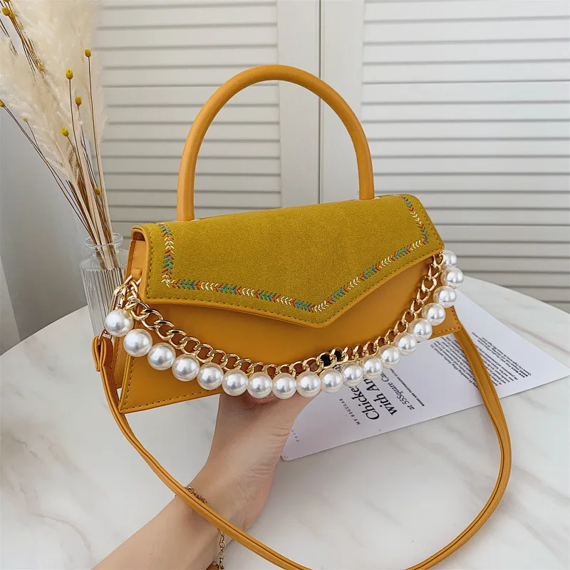 

New Pearl Chain Handbag 2021 Wholesales Leather Women's Handbags Purse Luxury Shoulder Bags Fashion Embroidered Cheap Square Bag, 8 color