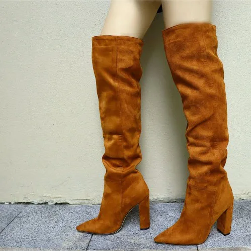 

Solid Suede Upper Chunky Heel Women Boots Red High Heel Thigh High Booties Slip-on Short Fur Lining Winter Over Knee High Boots, Black,red,brown