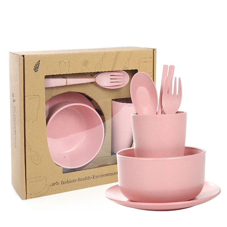 

6pcs Baby Children Tableware Set Tableware Wheat Straw Household Dishware Set Simple Dishes Salad Soup Bowl Steak Plate