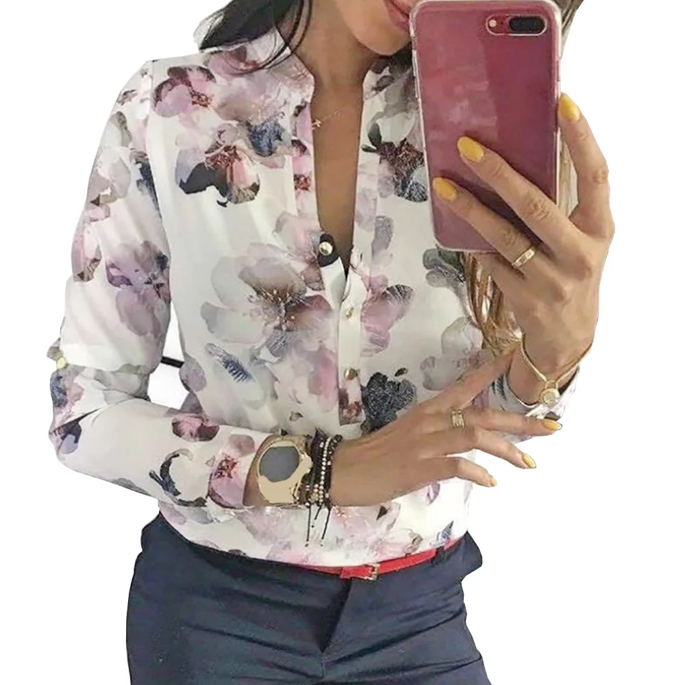 

Wholesale NEW Arrival Europe Women Lady V-neck Button Shirts Long Sleeve Printing Floral Slim Casual Party Tops Blouse Shirt