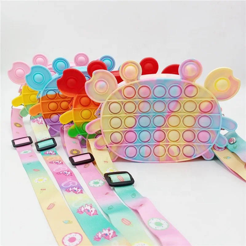 

Z24 Kids Fidget Toys Push Bubble Coin Purse Stress Relief Makeup Shoulder Handbag Crab Shape Silicone Rainbow Fidget Bag