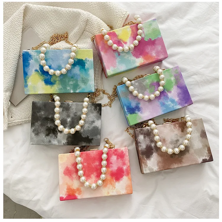 

2021 New Designer Rainbow Print Shoulder Handbags Women Pearl Chain Box Purses Ladies Fashion Pu Leather Small Square Bag