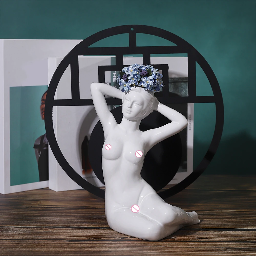 

Ins Nordic Abstract Creative Women Female Human Body Shape Art Bust Statue Ceramic/Porcelain Flower Vase Crafts For Home Decor, White